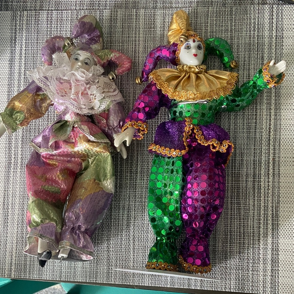 Colorful Harlequin Jester Dolls with stands